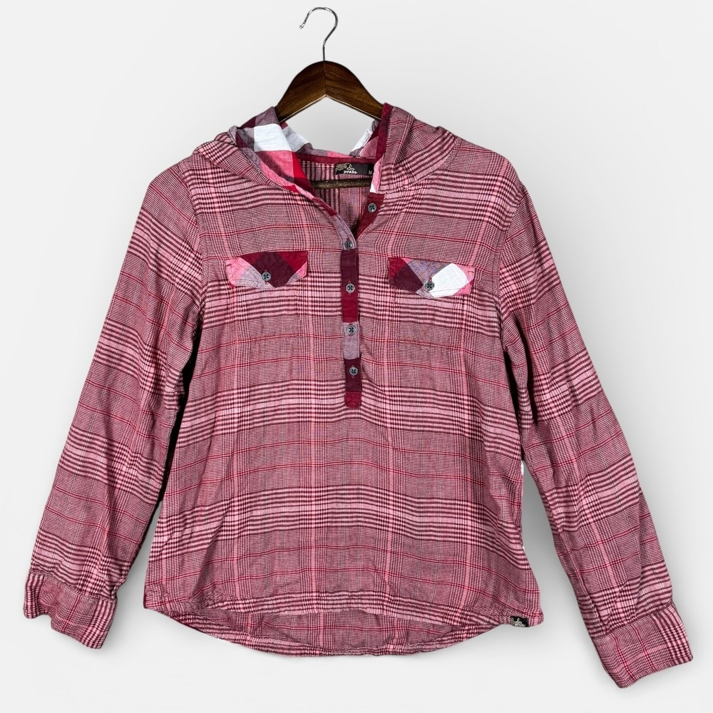PrAna Shirt Womens Medium Red Plaid Hooded Henley Long Sleeve Casual Top